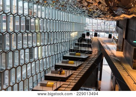 Reyklavik, Iceland - July 18, 2017:  Beautiful Icelandic Concert Hall, The Harpa Building In Reyjavi