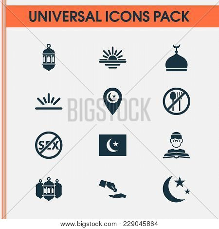 Ramadan Icons Set With Minaret, Imam, Not Eating And Other Mosque Elements. Isolated  Illustration R