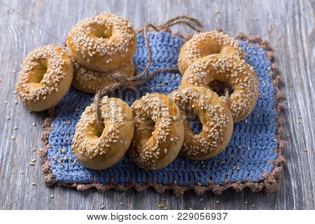 Traditional Greek Easter Biscuits Paskhalina Kuluria With Sesame Seeds On A Wooden Table. Delicious 