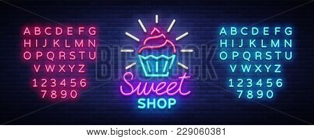 Sweet Shop Logo Is Neon Style. Candy Shop Neon Sign, Banner Light, Bright Neon Night Sweets Advertis