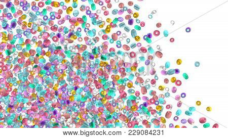 Beads Background. Fashion Accessory. Handmade Craft. Glass Beads Top View. Sequins. Heap Of Gems. Rh