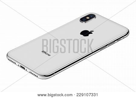 Varna, Bulgaria - January 23, 2018: Perspective View Silver Apple Iphone X 10 Back Side Isolated On 