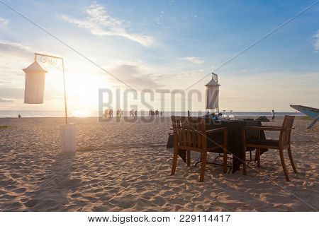 Ahungalla, Sri Lanka, Asia - A Single Table At Ahungalla Beach Prepared For Dinner For Two During Su