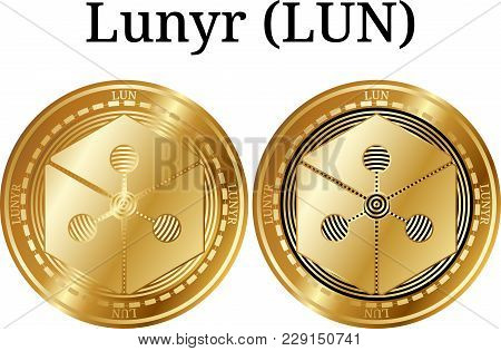 Set Of Physical Golden Coin Lunyr (lun), Digital Cryptocurrency. Lunyr (lun) Icon Set. Vector Illust