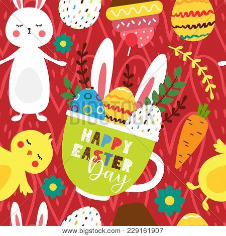 Easter Bright Seamless Pattern. Vector Illustration In Flat
