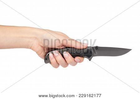 Sharp Metal Pocket Knife In Hand. Isolated On A White Background. Cold Weapon, Self Defence Tool.