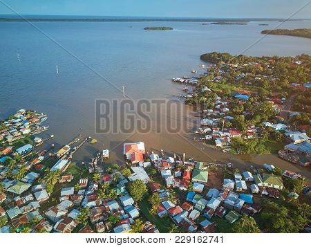 Port In Bluefields Town Aerial Drone View Sunset Time