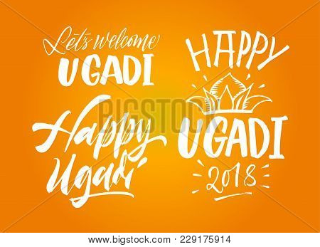 Happy Ugadi Handwritten Set. New Year's Day Of Hindu Calendar. Vector Hand Drawn Calligraphy Letteri