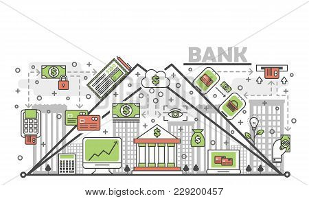 Bank Concept Vector Illustration. Modern Thin Line Art Flat Style Design Element With Banking Symbol