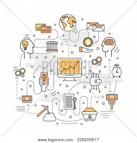 Cryptocurrency Concept Vector Round Illustration. Modern Thin Line Art Flat Style Design Element For