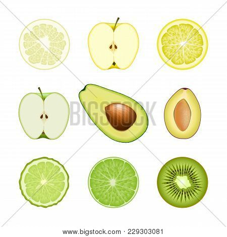 Set Of Isolated Colored Circle Slices Of Bergamot, Lime, Lemon, Pomelo, Apple, Avocado, Kiwi, Plum O