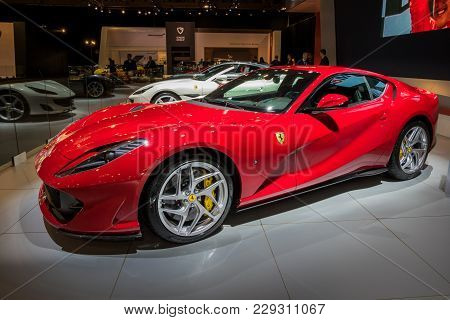 Brussels - Jan 10, 2018: Ferrari 812 Superfast Sports Car Showcased At The Brussels Motor Show.