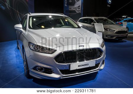 Brussels - Jan 10, 2018: New Ford Mondeo Family Car Shown At The Brussels Motor Show.