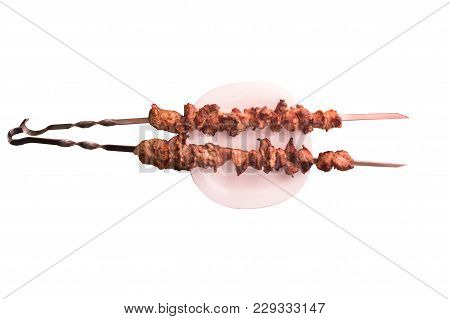 Mutton Shish Kebabs On Two Skewers On The Plate Isolated On White Background
