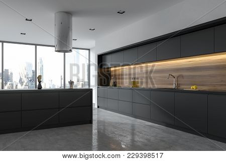 Corner Of A Panoramic Black And Wooden Kitchen Interior With Black Countertops And An Island. 3d Ren
