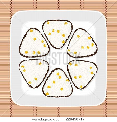 Sweet Corn Onigiri. Japanese Cuisine. Triangle Rice Balls Wrapped With Nori Seaweed. Illustration. L