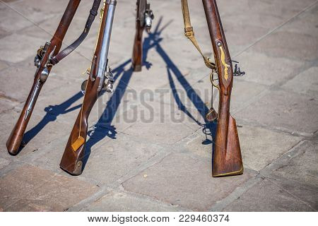Antique Brown Bess Muskets Used For The Reenactment Of The Battle Of The Alamo