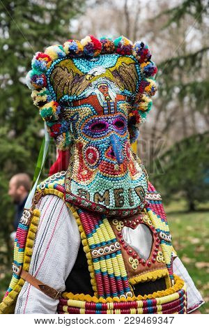 Yambol, Bulgaria - February 24.2018: International Masquerade Festival. Traditional Kukeri Costume A