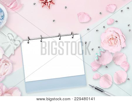 8th March. Flat Lay. Pink Rose Petals Lying In The Form Of Figures Eight, Beads, Gift. Feminine Gree