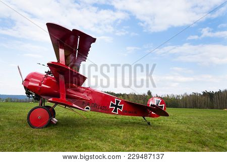 Plasy, Czech Republic - April 30: Red Fokker Dr.i Dreidecker Triplane Stands On Airport On April 30,