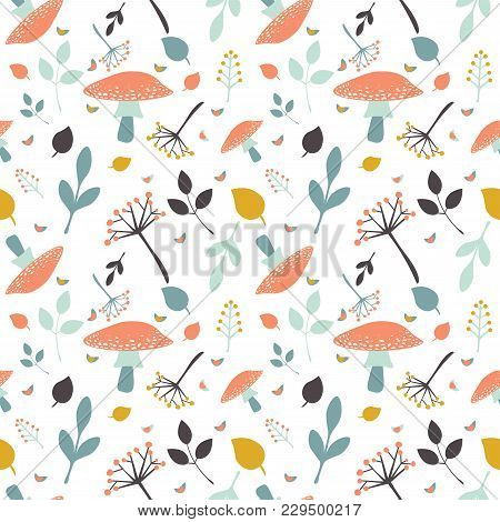 Vector Seamless Pattern With Red Mushrooms, Autumn Leaves And Berry Branches. Forest Environments In