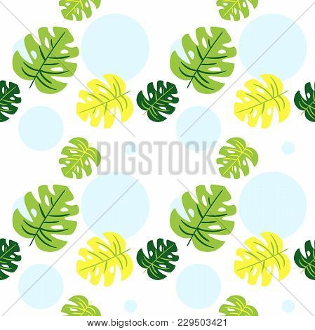 Seamless Pattern Of Tropical Leaves And Blue Circles