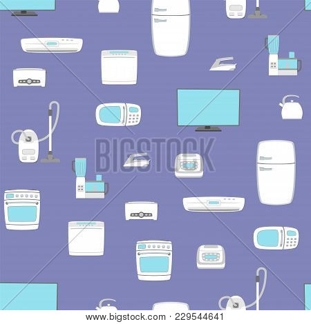 Home Appliance Set Seamless Background. Tv, Refrigerator, Conditioner, Dishwasher, Oven, Kettle, Iro
