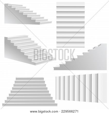 White Stairs Template Set. Interior Staircases In Cartoon Style Isolated On White Background. Home M