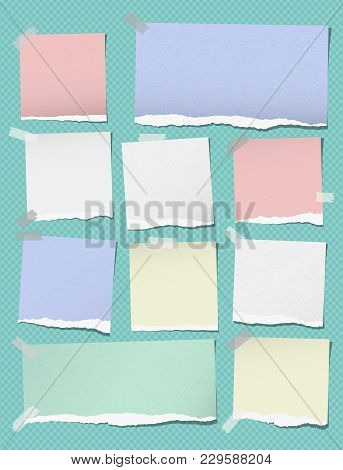 Colorful Torn Note, Notebook Paper Pieces For Text Stuck On Tuquoise Squared Background. Vector Illu
