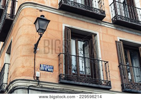 Madrid, Spain - November 3, 2017: Balcony In Malasana District In Madrid. Malasana Is One Of The Tre