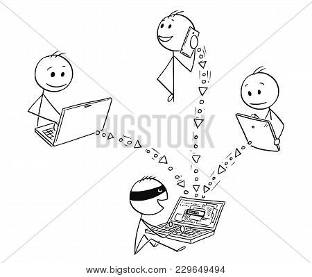 Cartoon Stick Man Drawing Conceptual Illustration Of Hacker Stealing Data From Computer, Tablet And 