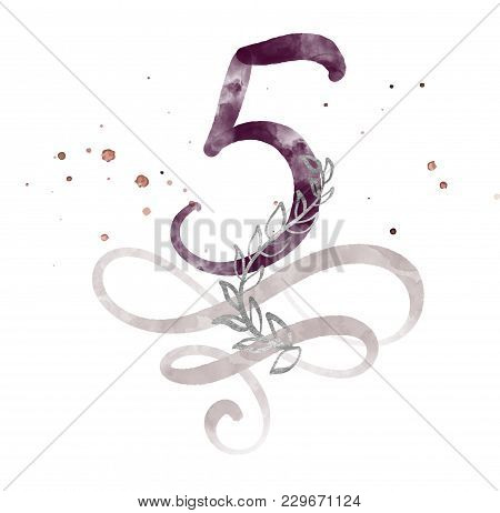Calligraphic Number Five 5 Vintage Isolated On White Background. Watercolor Decor Flourish For Decor