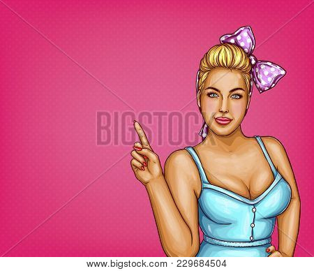 Vector Blonde Overweight Woman In Blue Blouse, Bow-knot On Pink Dotted Background, Pop Art Plus Size