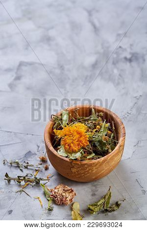 Spa Still Life With Flowers In Wooden Bowl On Light Textured Background, Top View, Close-up, Selecti