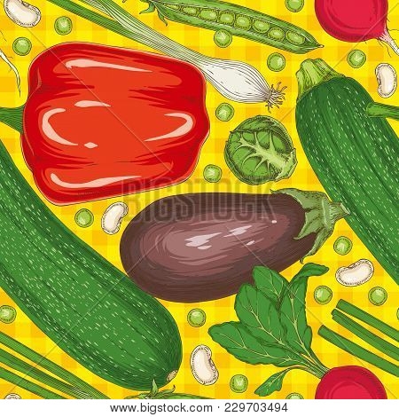 Seamless Vector Pattern With Ripe Vegetables. Radish, Zucchini, Red Bell Pepper, White Bean, Green P