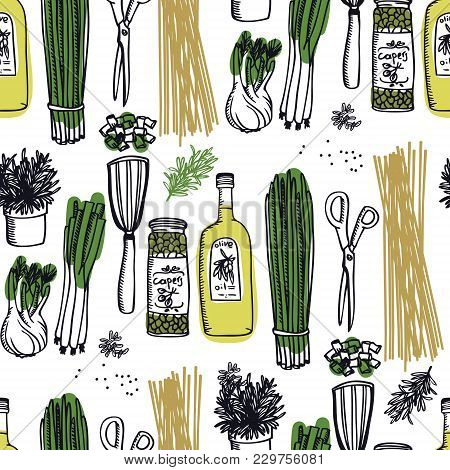 Food Collection Olive Oil And Capers, Spring Onion And Pasta Seamless Pattern Set