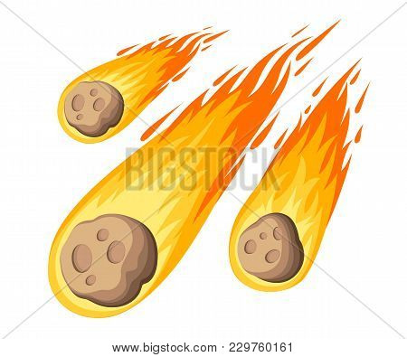 Flame Meteorite. Meteor Rain Fall On Planet In Cartoon Style. Cataclysm Color Icon. Vector Illustrat
