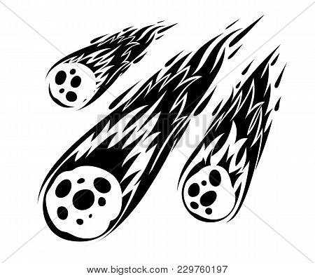 Silhouette Of Flame Meteorite. Meteor Rain Fall On Planet In Cartoon Style. Cataclysm Icon. Vector I