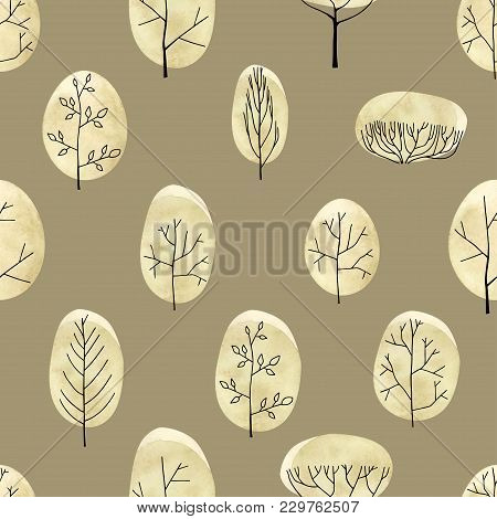Watercolor Vector Trees Seamless Pattern On Begie Background