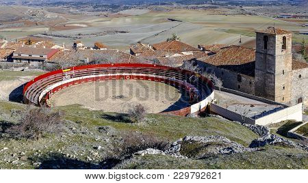 Bullring Next To Holy Trinity Church And A View Over Atienza Town, Guadalajara, Spain