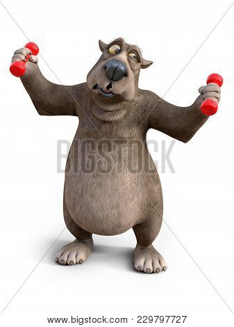 3d Rendering Of A Charming Cartoon Bear Exercising With Dumbbells. He Looks A Bit Strained. White Ba