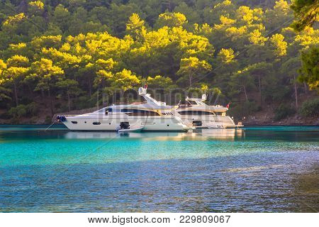 Boat Sailing In Mediterranean Sea Marmaris, Turkey.