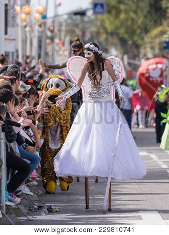 Nahariyya, Israel, March 02, 2018 : Participant Of The Annual Carnival Of Adloyada Dressed In Fabulo