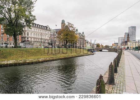 Malmo, Sweden - 22 October 2016: View To The  Central Stationin Area,  Skeppsbron Street, In Malmo, 