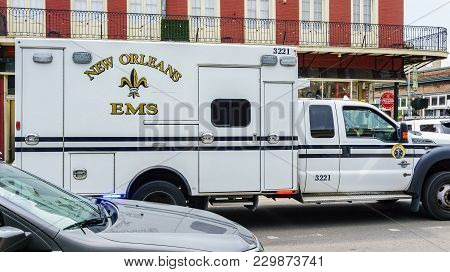 New Orleans, Usa - Aug 20, 2017: Emergency Medical Services (ems) Vehicle Stationed Along Decatur St