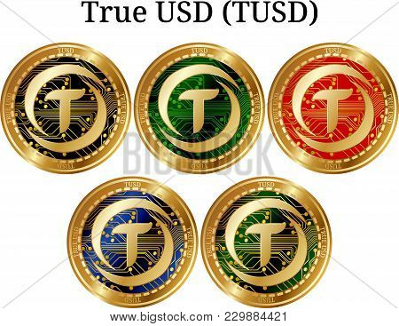 Set Of Physical Golden Coin True Usd (tusd), Digital Cryptocurrency. True Usd (tusd) Icon Set. Vecto