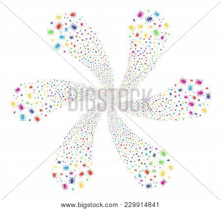Multicolored Cucaracha Cyclonic Fireworks. Hypnotic Flower With Six Petals Combined From Scatter Cuc