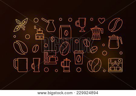 Vector Coffee Shop Yellow Horizontal Modern Banner Or Illustration In Thin Line Style On Dark Backgr