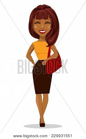 African American Business Woman Cartoon Character. Young Beautiful Smiling Businesswoman In Smart Ca