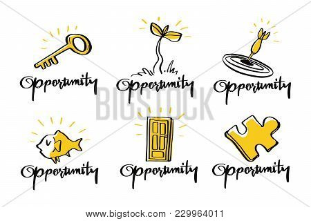 Vector Illustration Design Opportunity Collection Doodle Style Set, Opportunity, Target, Success, Co